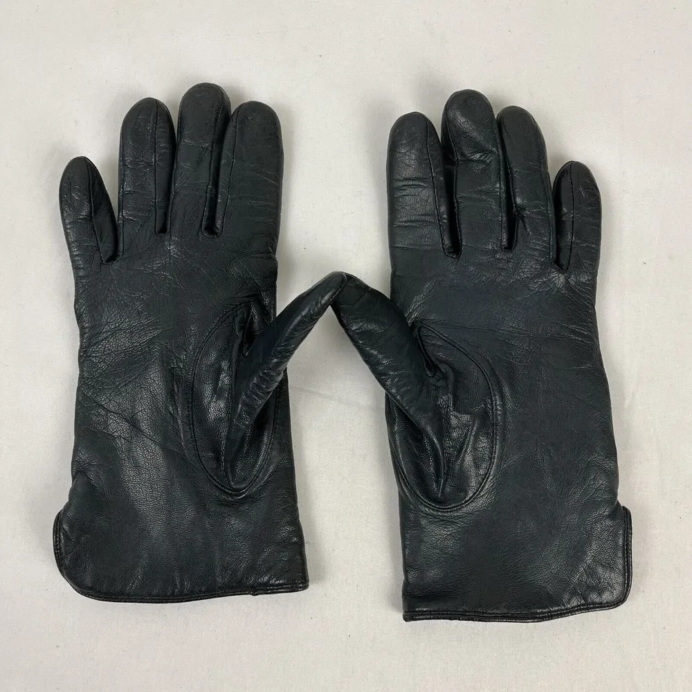 Vintage ARIS Womens Navy‎ Blue Leather Acrylic Nylon Lined Gloves Size 7